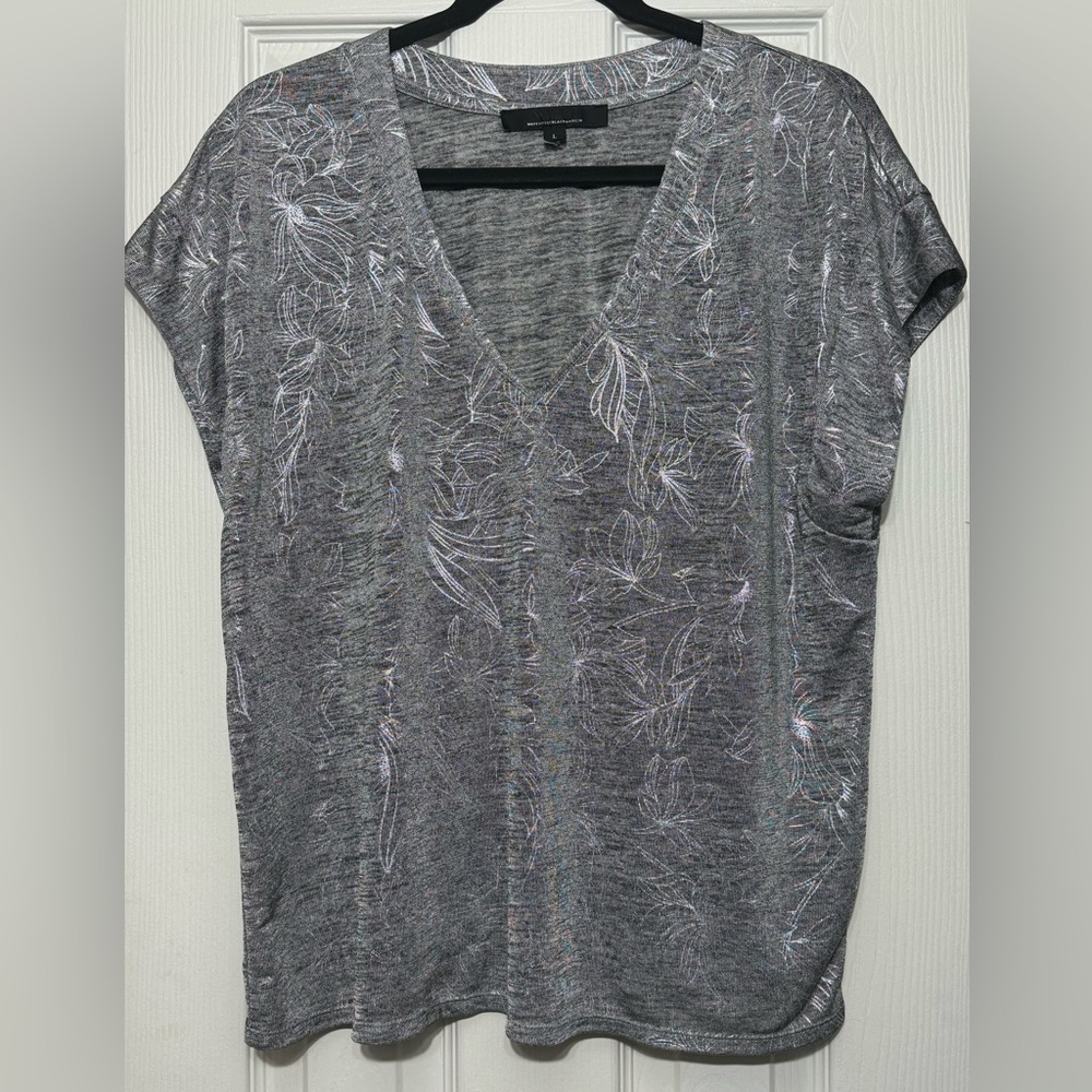 White House Black Market silver floral low V neck shirt